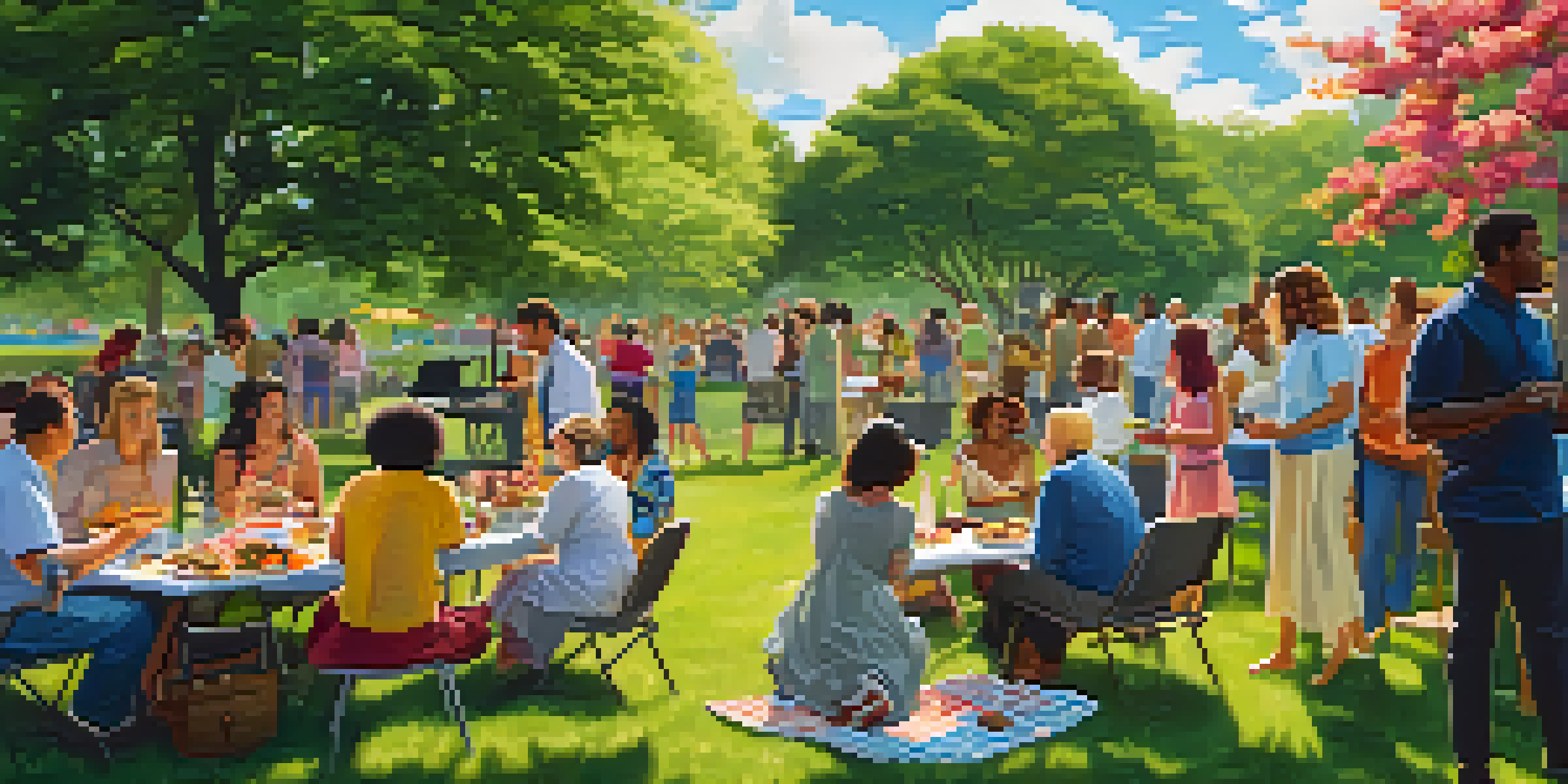 A lively outdoor barbecue gathering with people sitting on blankets and grilling food, set in a beautiful park with greenery and blue skies.