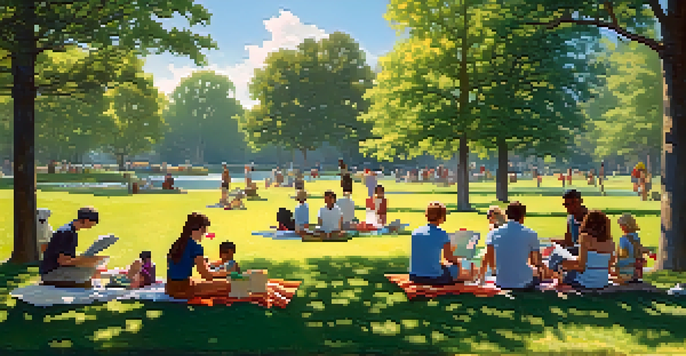 A peaceful park scene with people enjoying leisure activities on a sunny day surrounded by greenery.