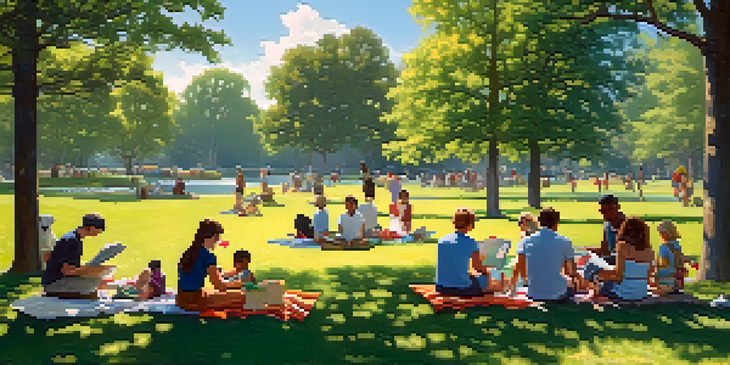 A peaceful park scene with people enjoying leisure activities on a sunny day surrounded by greenery.