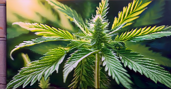 A close-up view of a cannabis plant with detailed green leaves and trichomes, softly illuminated by natural sunlight, set against a blurred background.