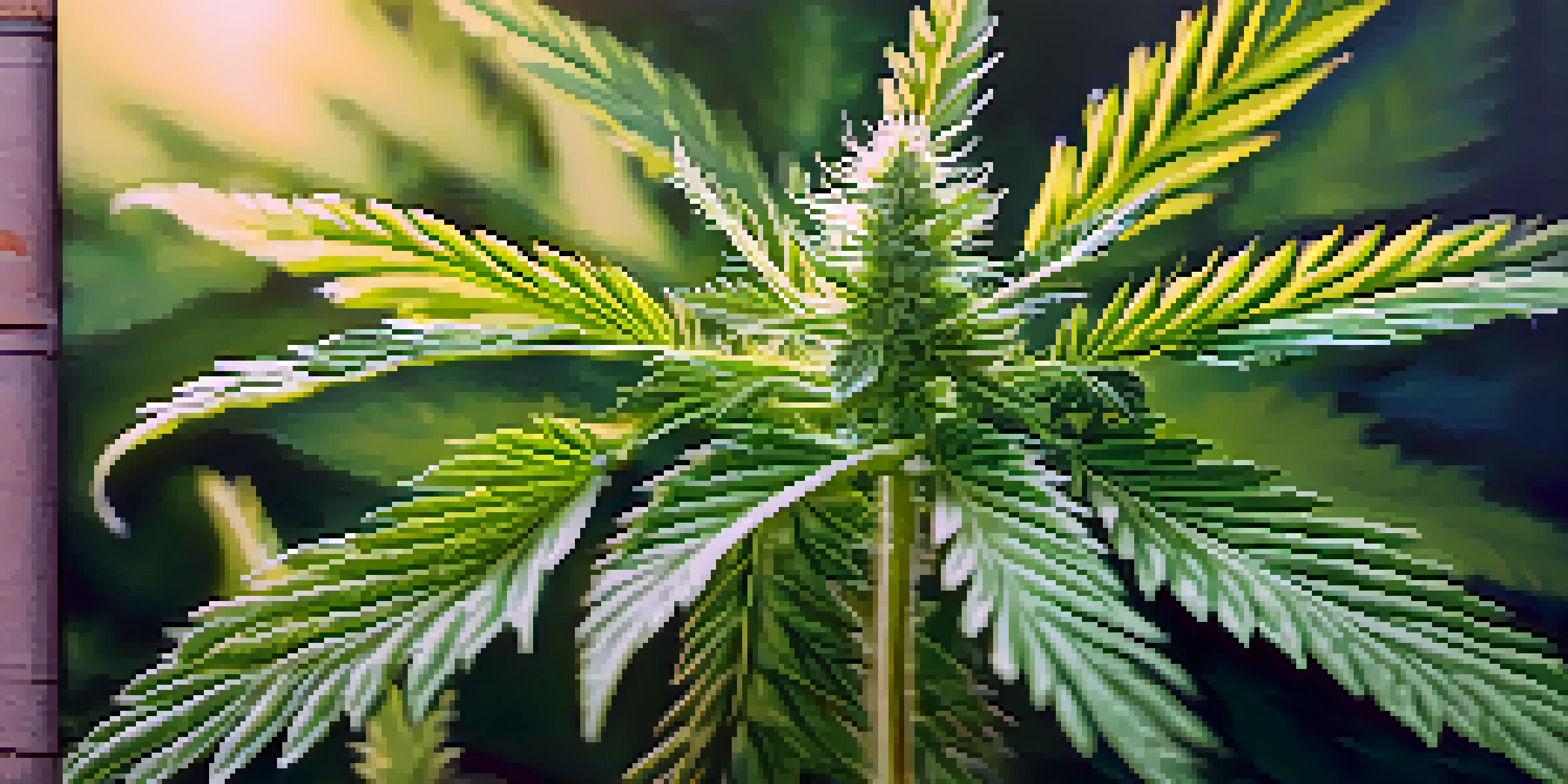 A close-up view of a cannabis plant with detailed green leaves and trichomes, softly illuminated by natural sunlight, set against a blurred background.