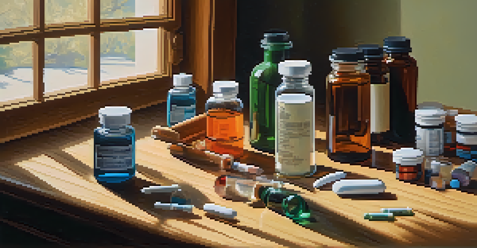 A collection of traditional pain management methods displayed on a wooden table, including medications and a therapy ball.