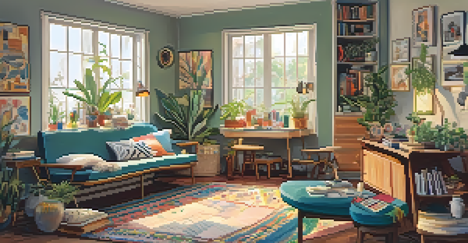 A cozy 1960s communal living space with friends painting and playing music, surrounded by colorful decor and natural light.