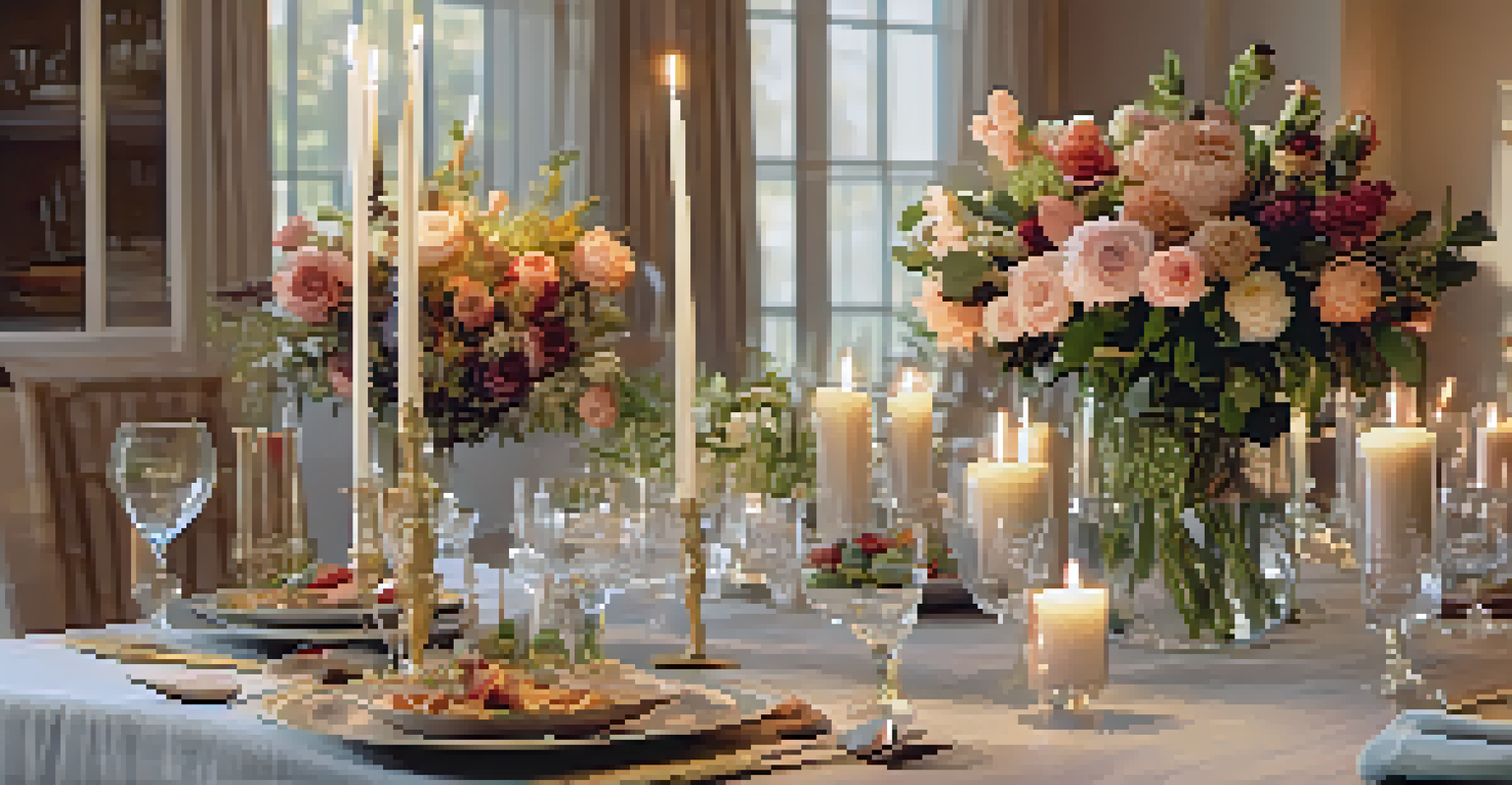 A cozy indoor dinner party with a beautifully set table and warm lighting, featuring friends enjoying conversation and a pleasant atmosphere.