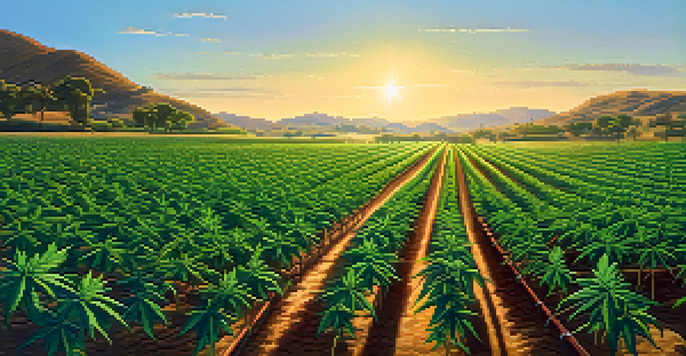 A vibrant cannabis farm with healthy plants being irrigated using a drip system during golden hour, illuminating the scene.