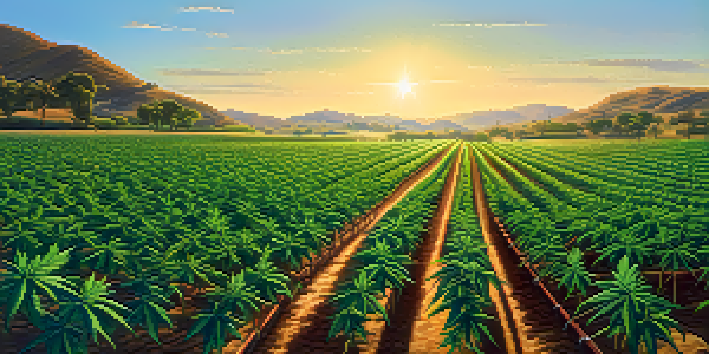 A vibrant cannabis farm with healthy plants being irrigated using a drip system during golden hour, illuminating the scene.