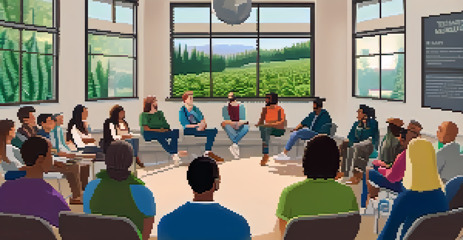 An educational workshop on responsible marijuana use, with diverse attendees seated in a circle and a speaker at the front, bright natural light streaming in.