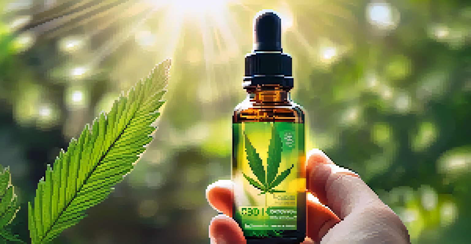 A close-up of a hand holding a bottle of CBD oil against a blurred background of green foliage, highlighting its natural aspect.