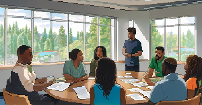 A diverse group of individuals engaged in a community meeting discussing marijuana legalization, seated around a circular table with pamphlets and a projector screen in a bright room.