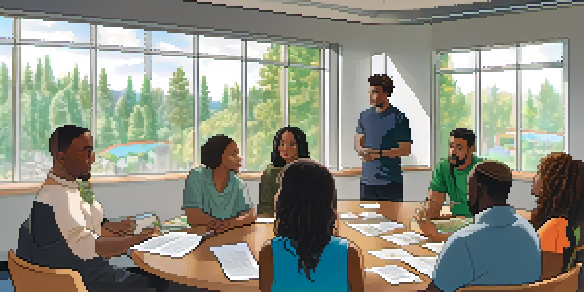 A diverse group of individuals engaged in a community meeting discussing marijuana legalization, seated around a circular table with pamphlets and a projector screen in a bright room.