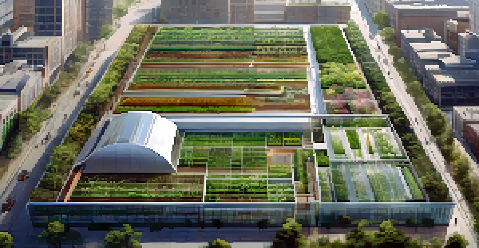 An aerial view of an urban indoor farm with transparent walls, surrounded by city buildings, representing sustainable agriculture.