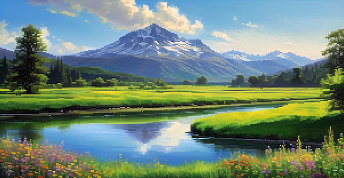 A peaceful green field with a river and blooming wildflowers, under a bright blue sky with fluffy clouds and distant mountains.