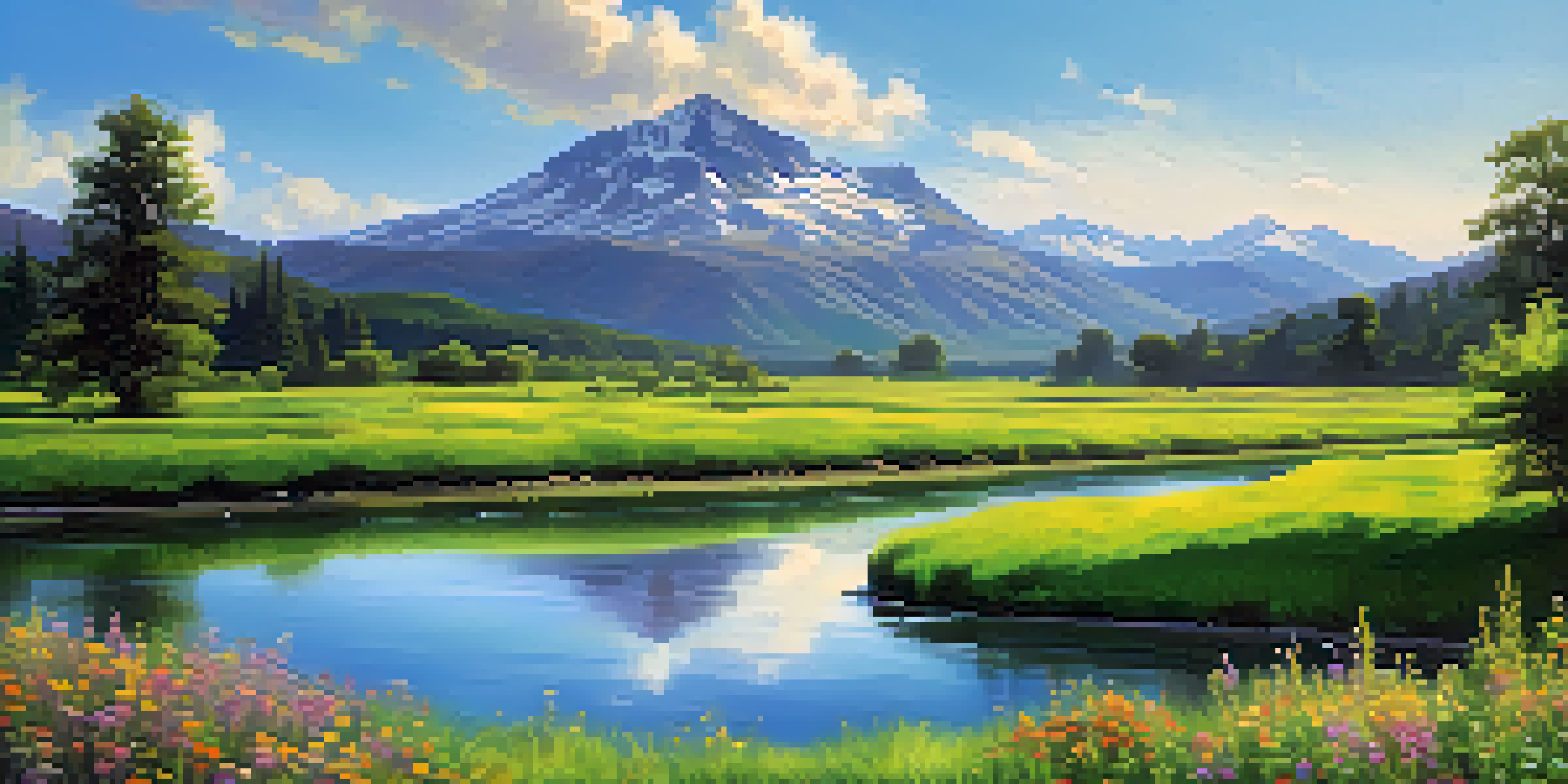 A peaceful green field with a river and blooming wildflowers, under a bright blue sky with fluffy clouds and distant mountains.
