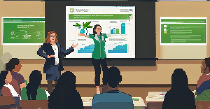 A public health professional presenting data on marijuana legalization to an audience in a well-lit room, with diverse community members engaged in the discussion.