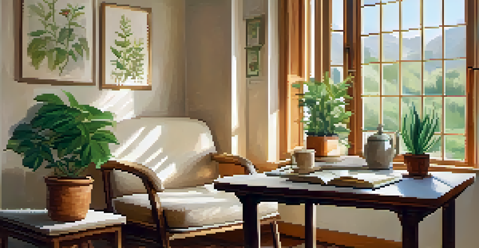 A cozy therapy room with warm furniture, a cup of tea, and a journal on a table, illuminated by natural light.