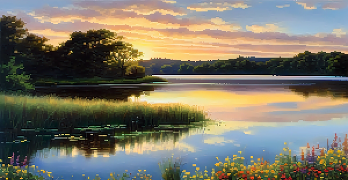 A peaceful lake scene at sunset with greenery and wildflowers around it.