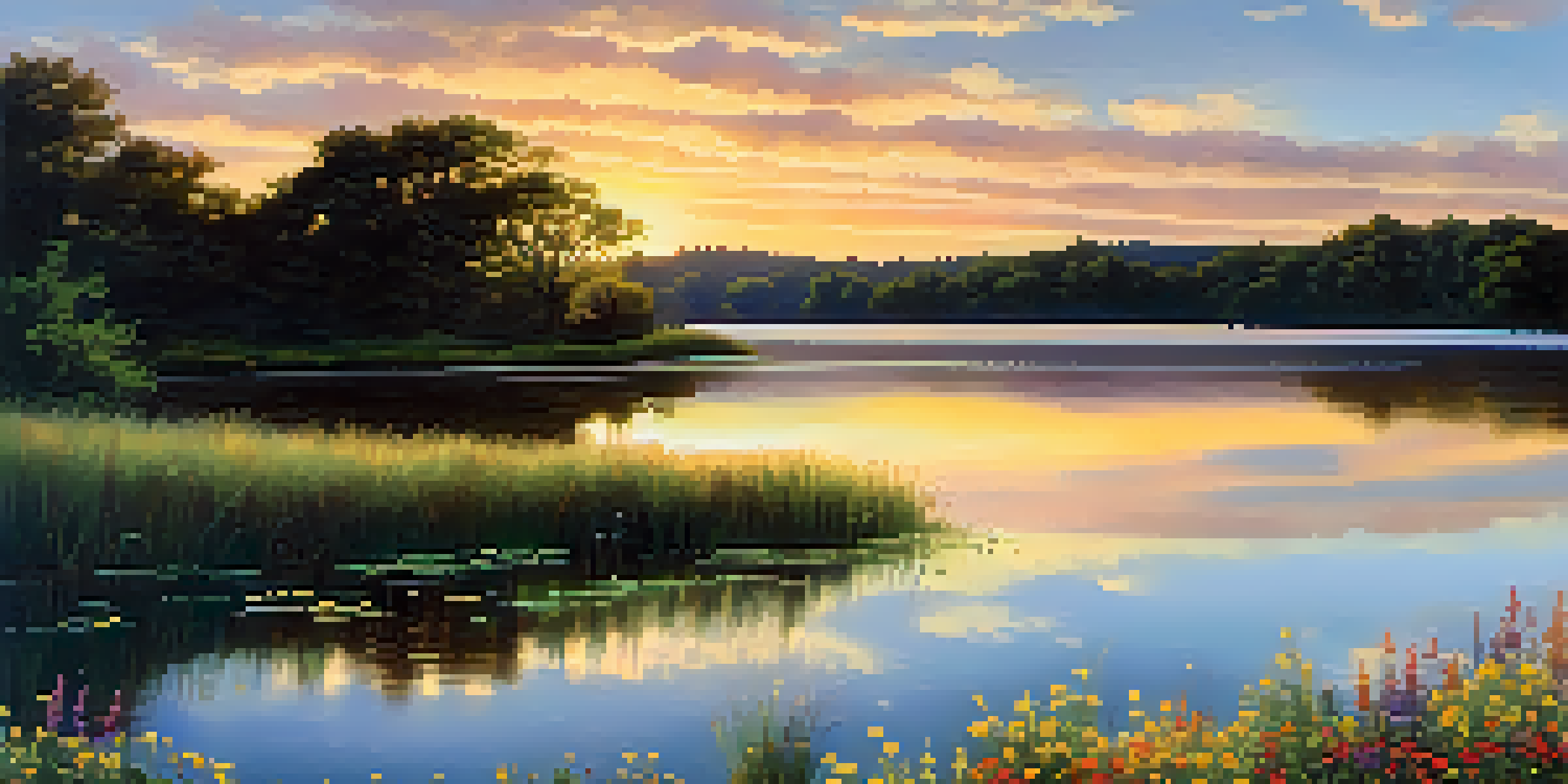 A peaceful lake scene at sunset with greenery and wildflowers around it.