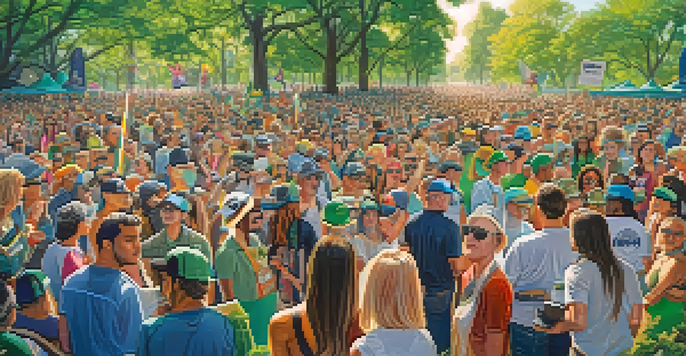 A diverse crowd at an outdoor rally advocating for marijuana legalization, surrounded by greenery and colorful signs.