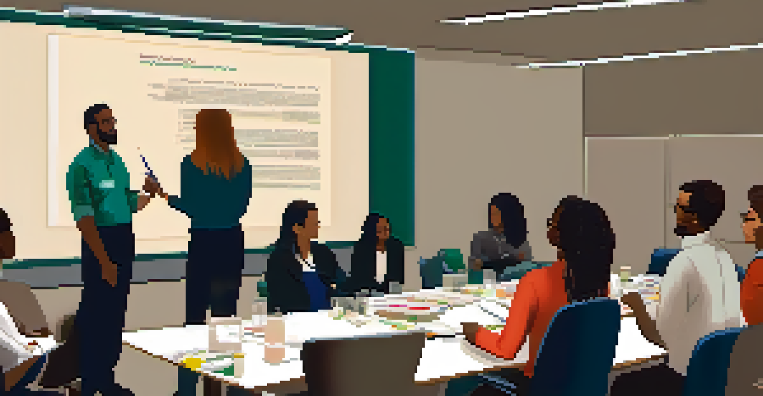 A training session with a facilitator presenting to engaged employees, featuring a projector slide about marijuana use in the workplace.