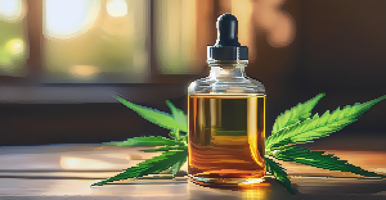 A bottle of full-spectrum cannabis oil on a wooden table, accompanied by cannabis leaves and terpenes, illuminated by warm light.
