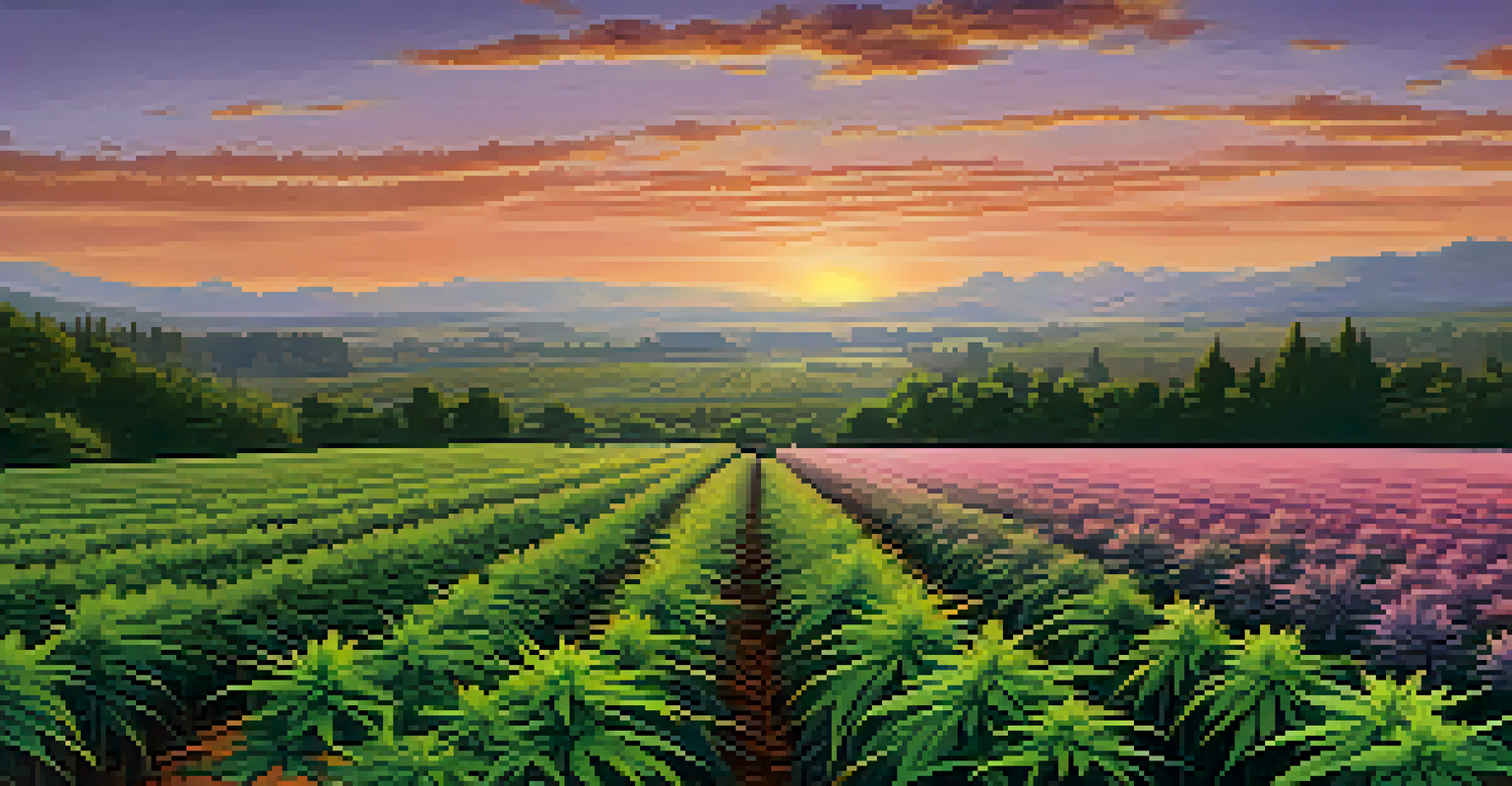 A peaceful cannabis cultivation field at sunset with vibrant colors in the sky.