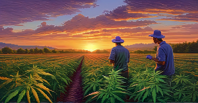 An outdoor marijuana farm at sunset with a farmer inspecting green cannabis plants.