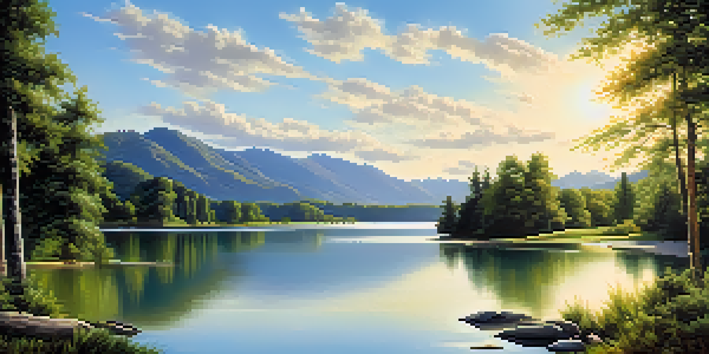 A picturesque scene of a calm lake with greenery and mountains, illuminated by sunlight.