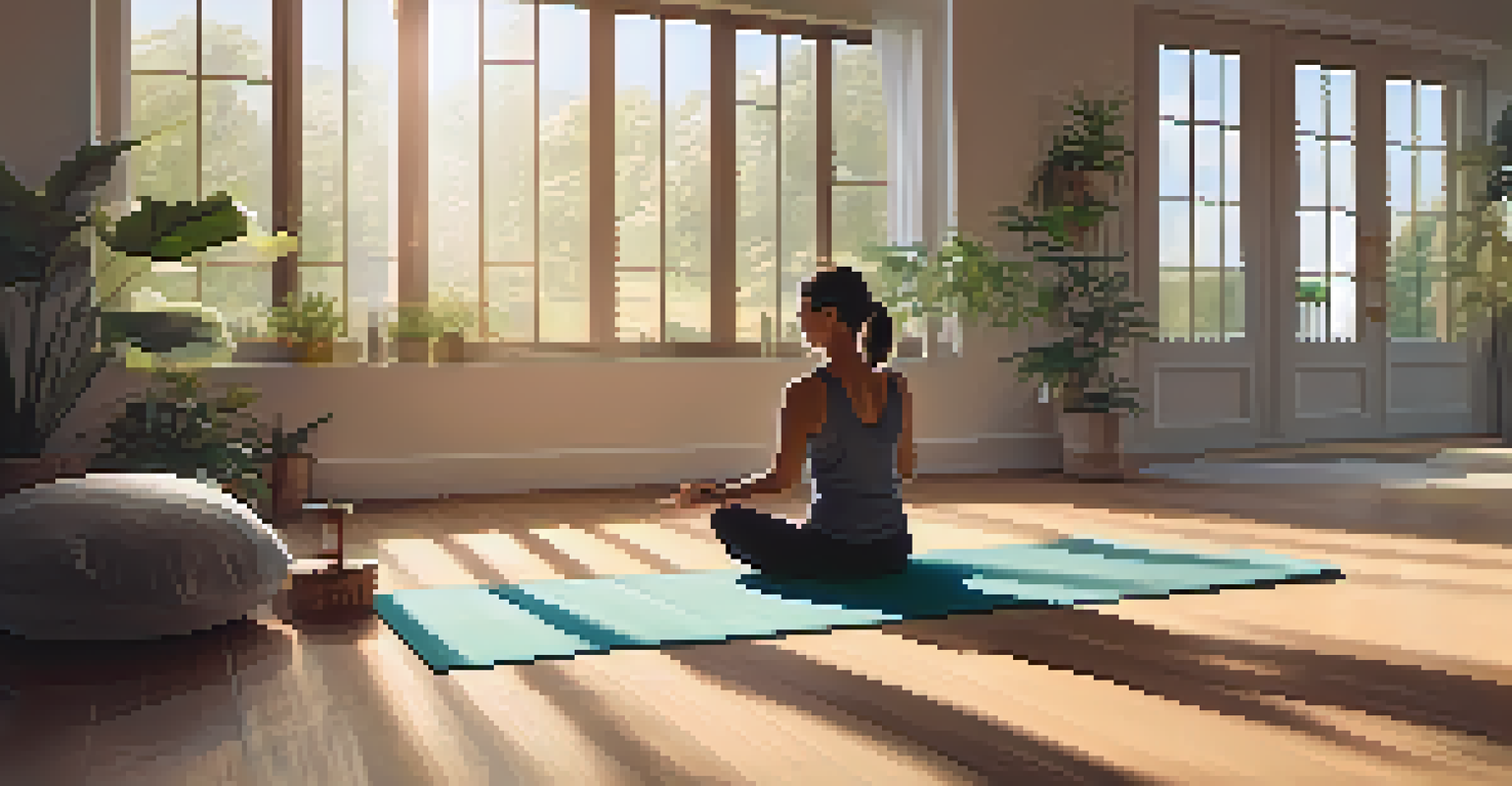 A mature person practicing yoga in a sunlit room with CBD oil nearby, surrounded by plants and a calming atmosphere.