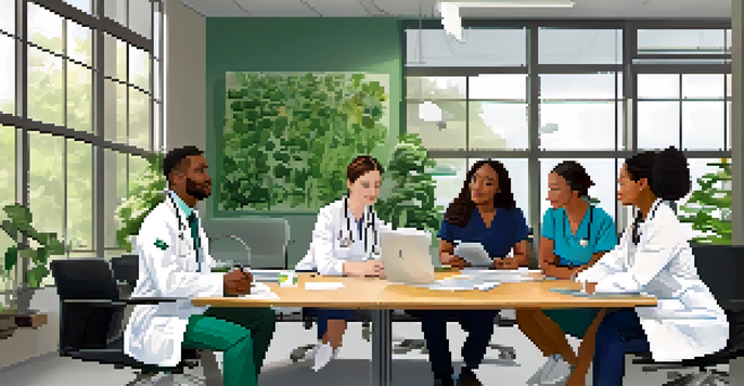 A diverse group of healthcare professionals discussing patient treatment plans in a bright medical office, with charts and a laptop on the table.
