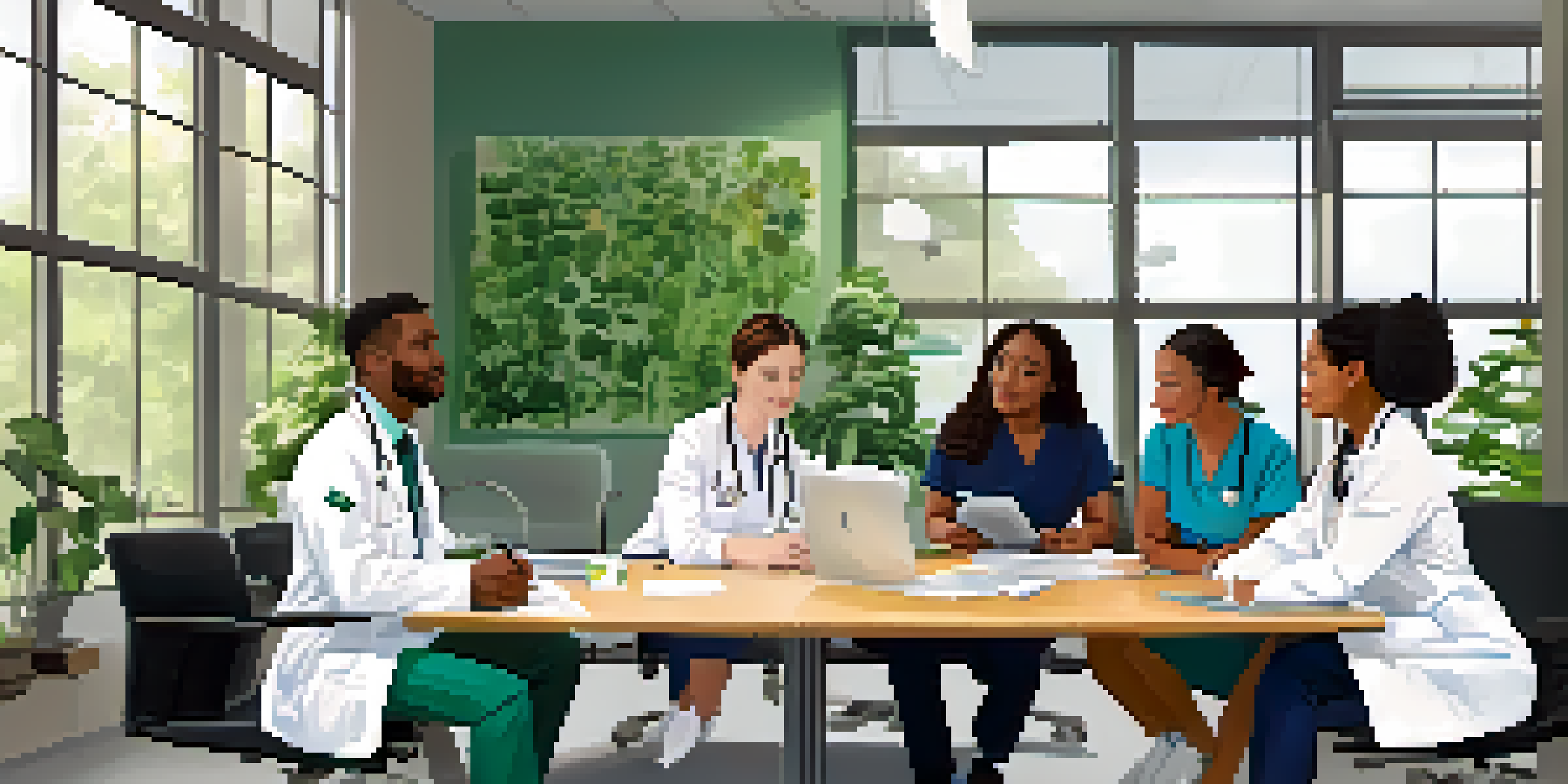 A diverse group of healthcare professionals discussing patient treatment plans in a bright medical office, with charts and a laptop on the table.