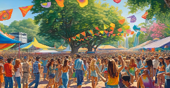 A lively 1960s music festival with diverse young people in colorful attire dancing under the sun, surrounded by vibrant decorations and trees.