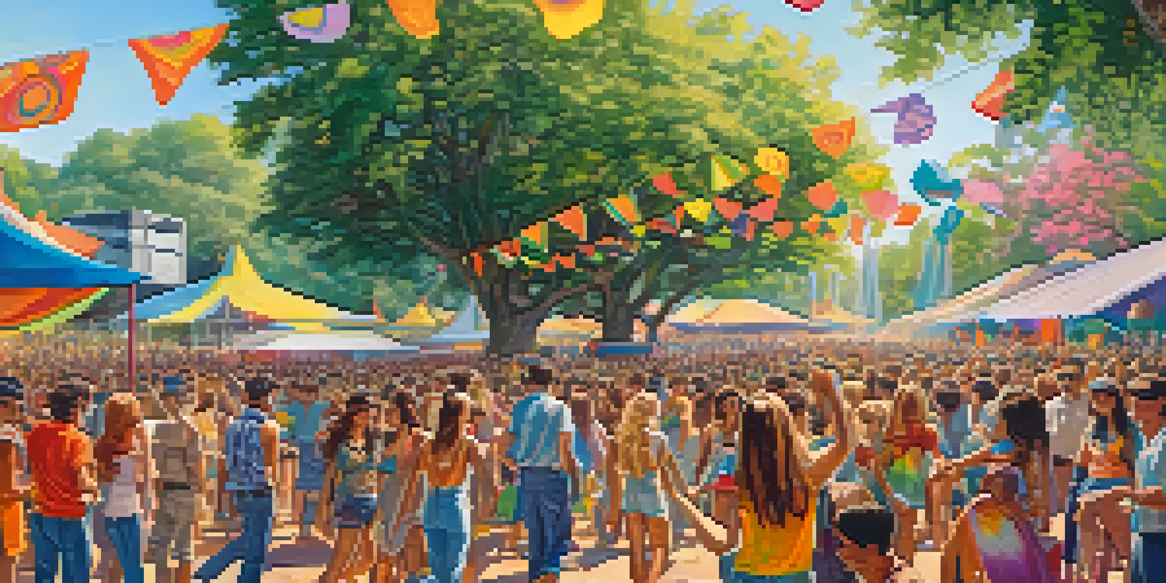 A lively 1960s music festival with diverse young people in colorful attire dancing under the sun, surrounded by vibrant decorations and trees.