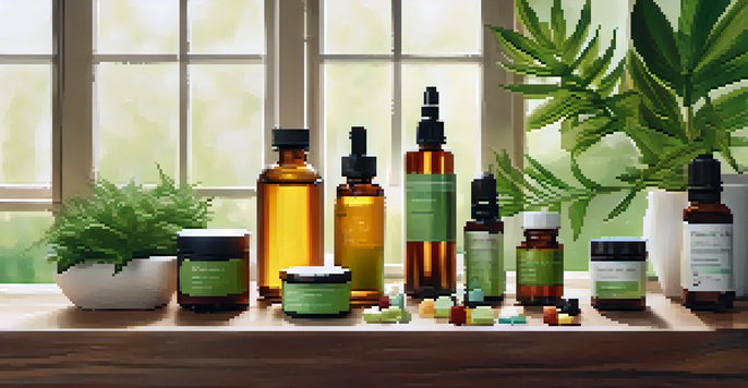 A variety of CBD-infused products displayed on a wooden table with natural lighting and green plants in the background.