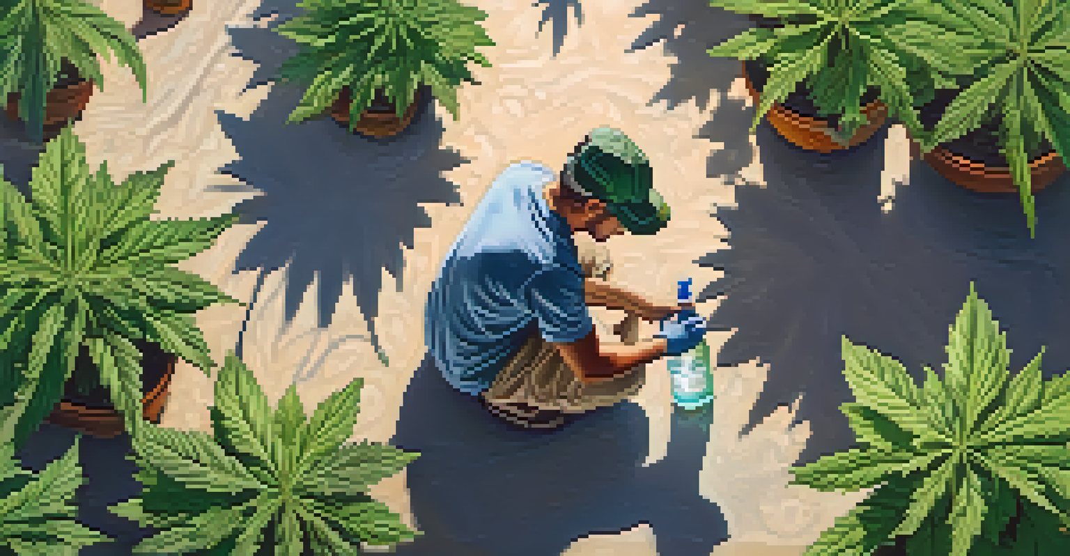 A gardener spraying garlic solution on cannabis plants, highlighting the texture of the leaves and the spray bottle.