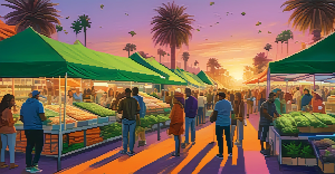 A lively outdoor cannabis market at sunset with colorful stalls and diverse people interacting.