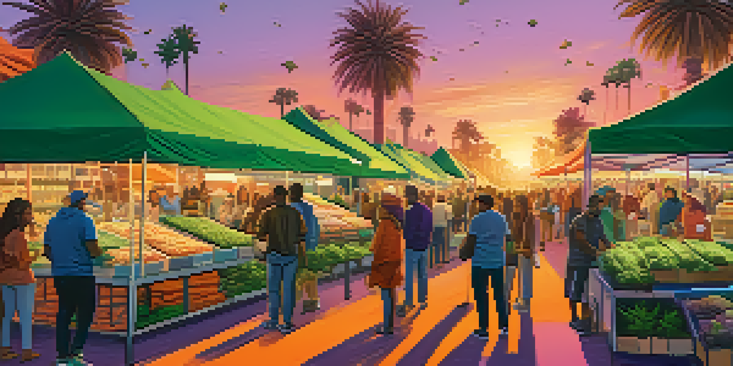 A lively outdoor cannabis market at sunset with colorful stalls and diverse people interacting.