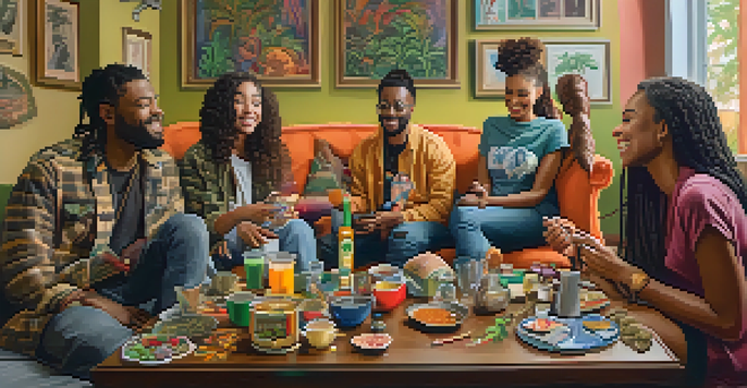 A diverse group of friends enjoying marijuana in a cozy indoor setting, with a variety of consumption methods displayed on a coffee table.