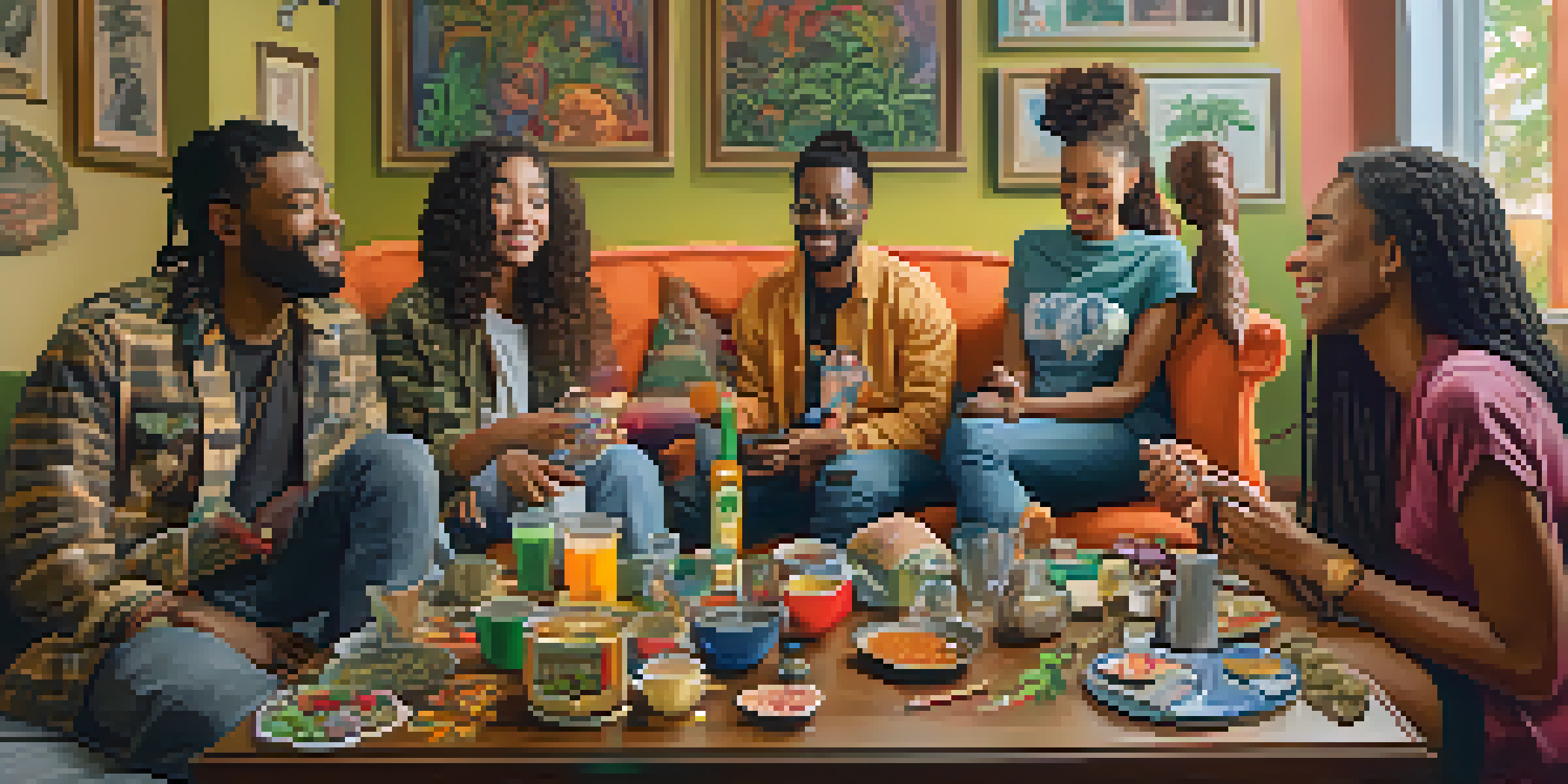 A diverse group of friends enjoying marijuana in a cozy indoor setting, with a variety of consumption methods displayed on a coffee table.