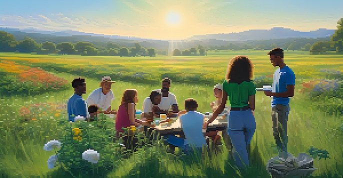 A diverse group of people discussing around a table with a medical cannabis plant in a pot, set in a vibrant wildflower field under a clear blue sky.