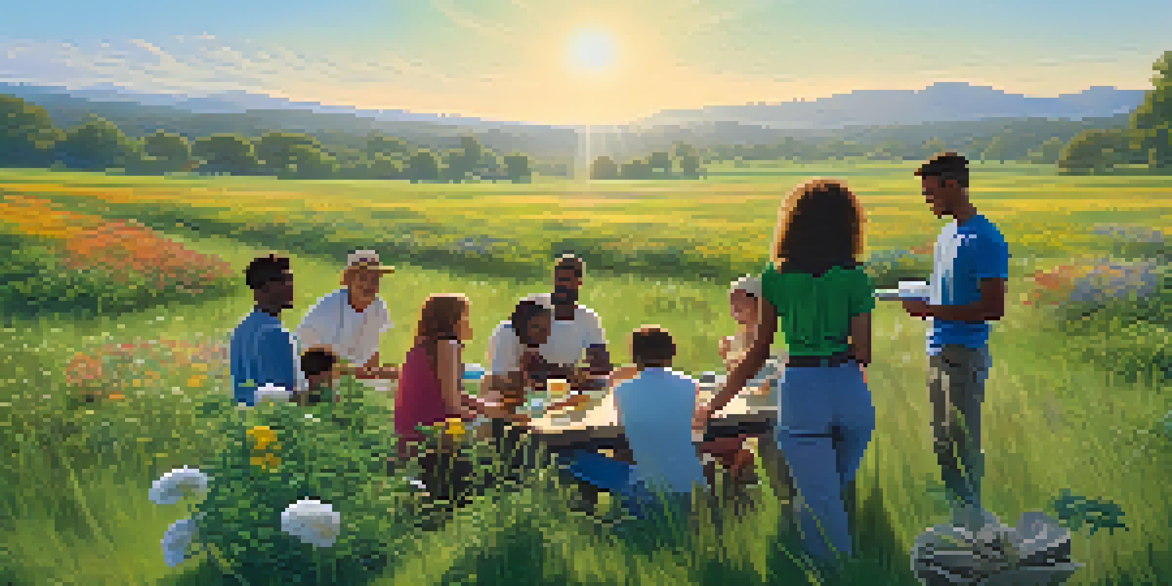 A diverse group of people discussing around a table with a medical cannabis plant in a pot, set in a vibrant wildflower field under a clear blue sky.