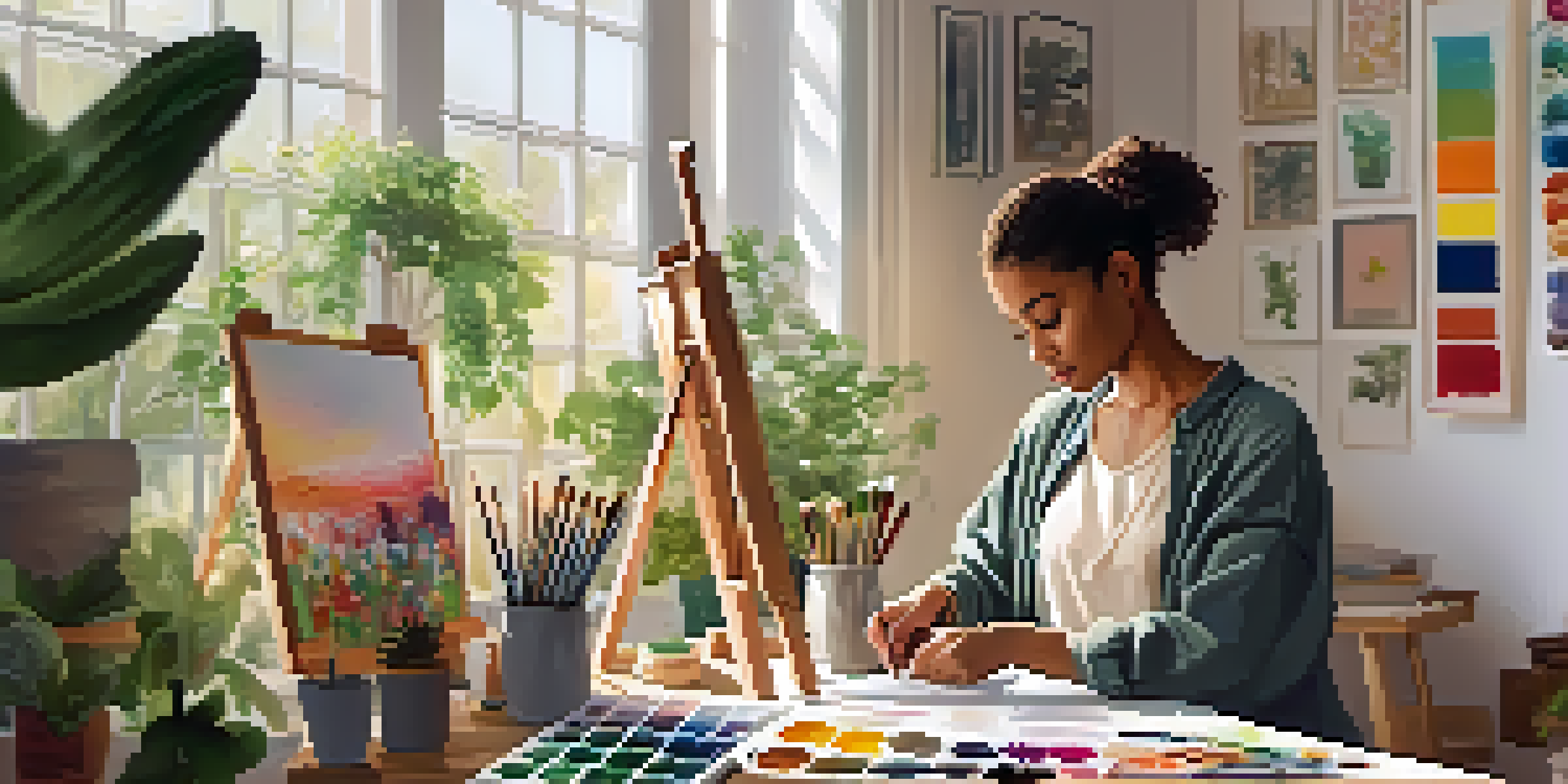 A peaceful art therapy studio with a person painting, surrounded by art supplies and calming decorations.