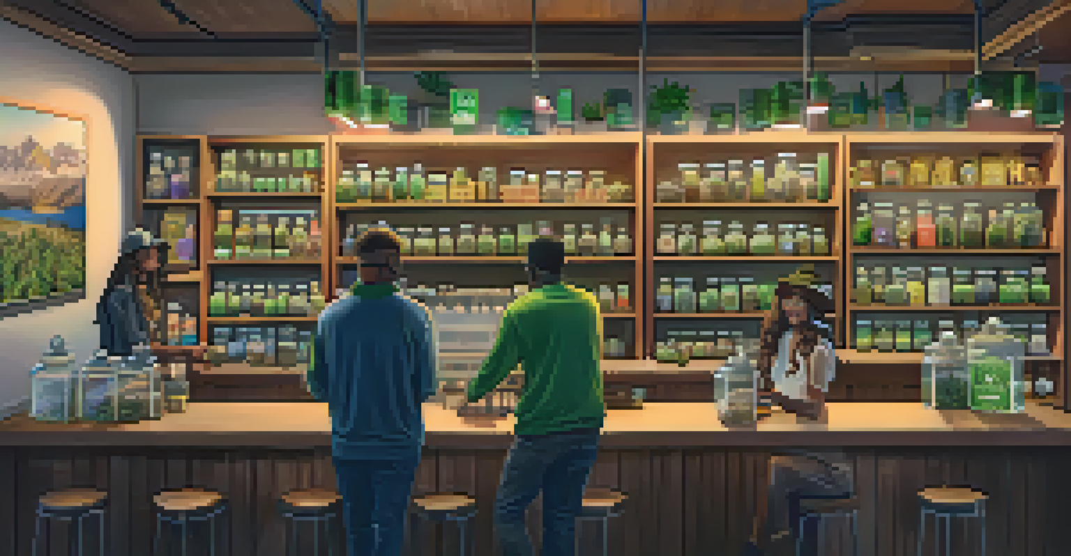 A well-lit cannabis dispensary with jars of cannabis and a budtender assisting customers, featuring artistic posters on the walls.