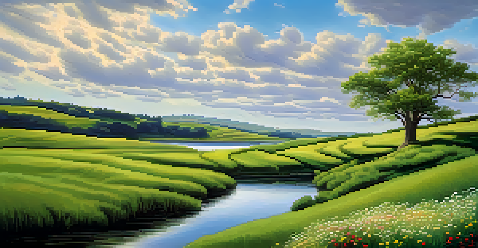 A peaceful landscape with green hills, a reflective river, and a lone tree under a dramatic sky.