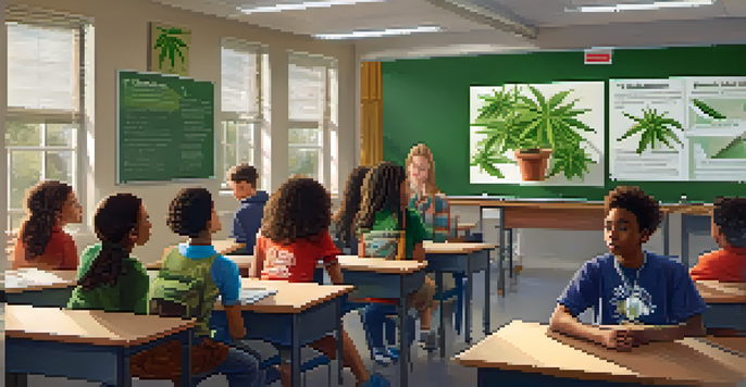 A classroom with students learning about marijuana's health implications from a teacher, with educational posters on the walls.