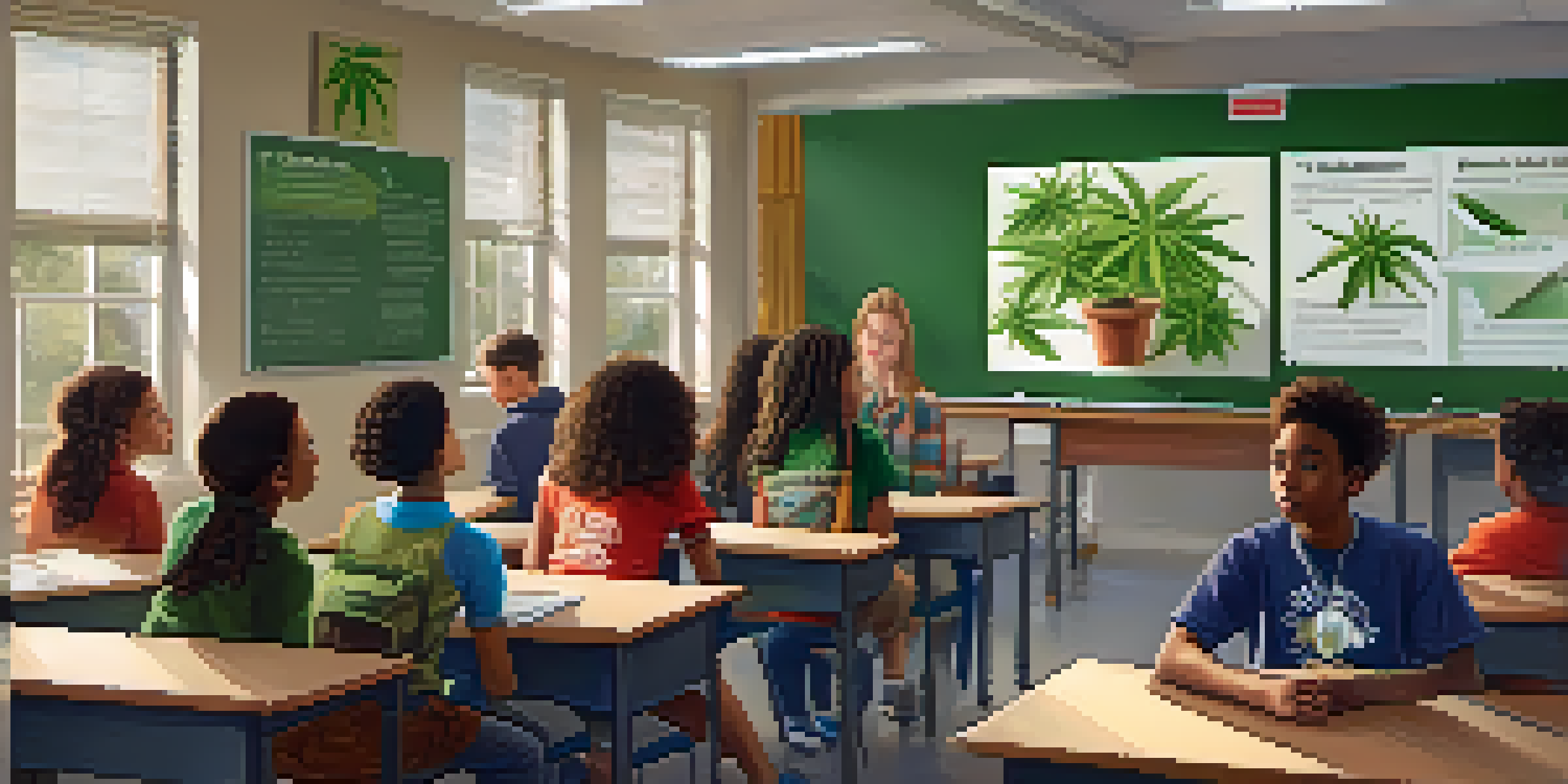 A classroom with students learning about marijuana's health implications from a teacher, with educational posters on the walls.