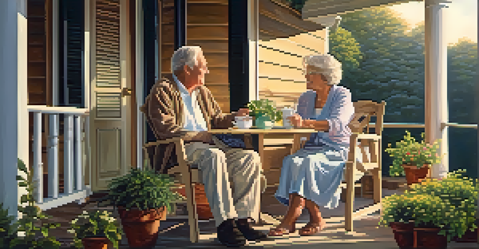 A senior couple enjoying tea on a porch at sunset, surrounded by potted plants, depicting warmth and companionship.