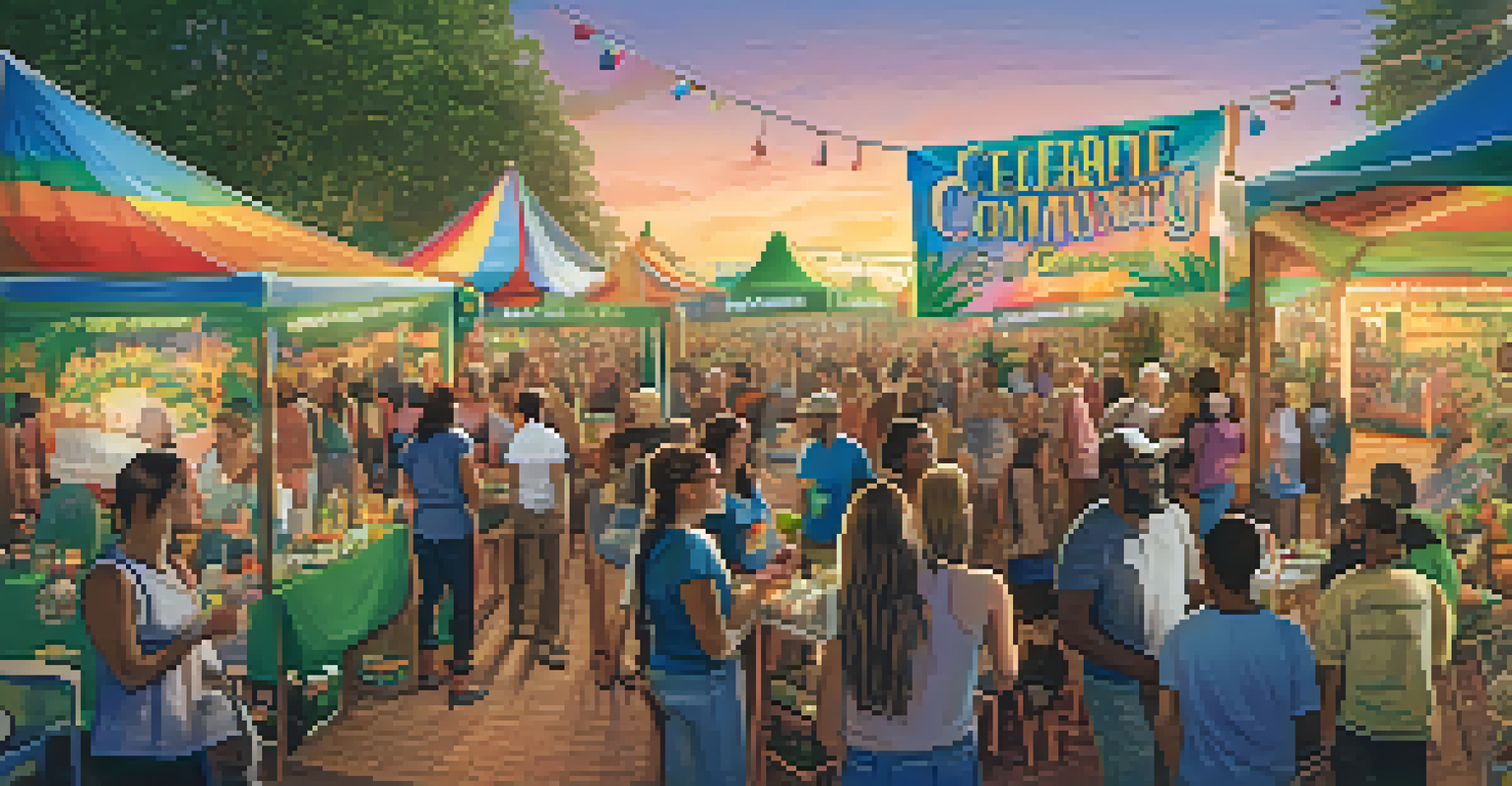 A community event celebrating cannabis legalization with booths, people, and a festive atmosphere under a sunset.