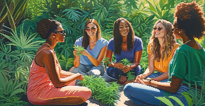 A diverse group of women in a garden sharing cannabis plants and discussing their benefits in a sunny environment.