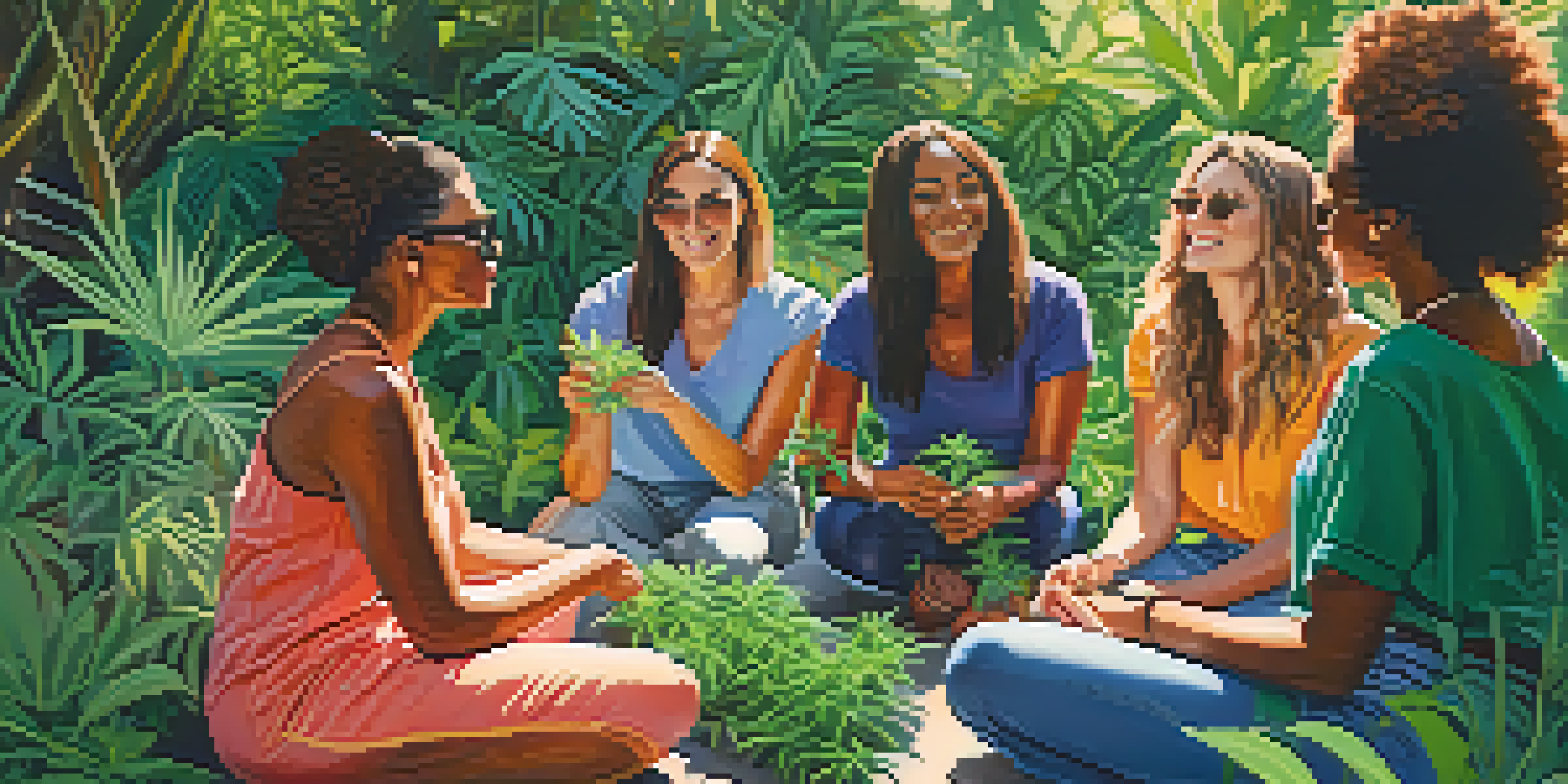 A diverse group of women in a garden sharing cannabis plants and discussing their benefits in a sunny environment.