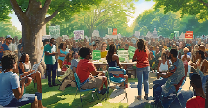 A diverse group of activists discussing marijuana legalization in a sunny park, with signs promoting social equity.